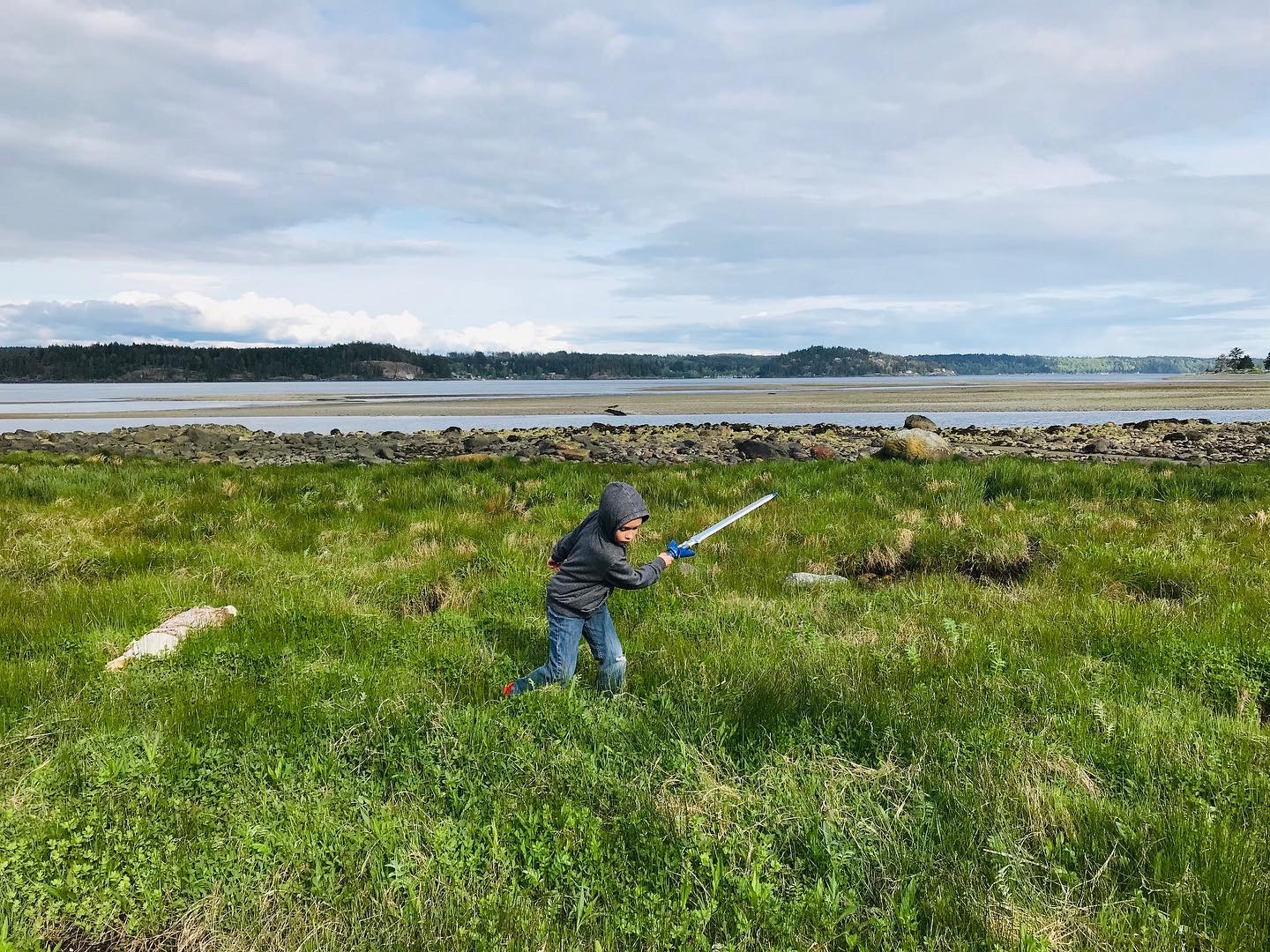 Boy at beach wielding a toy sword.