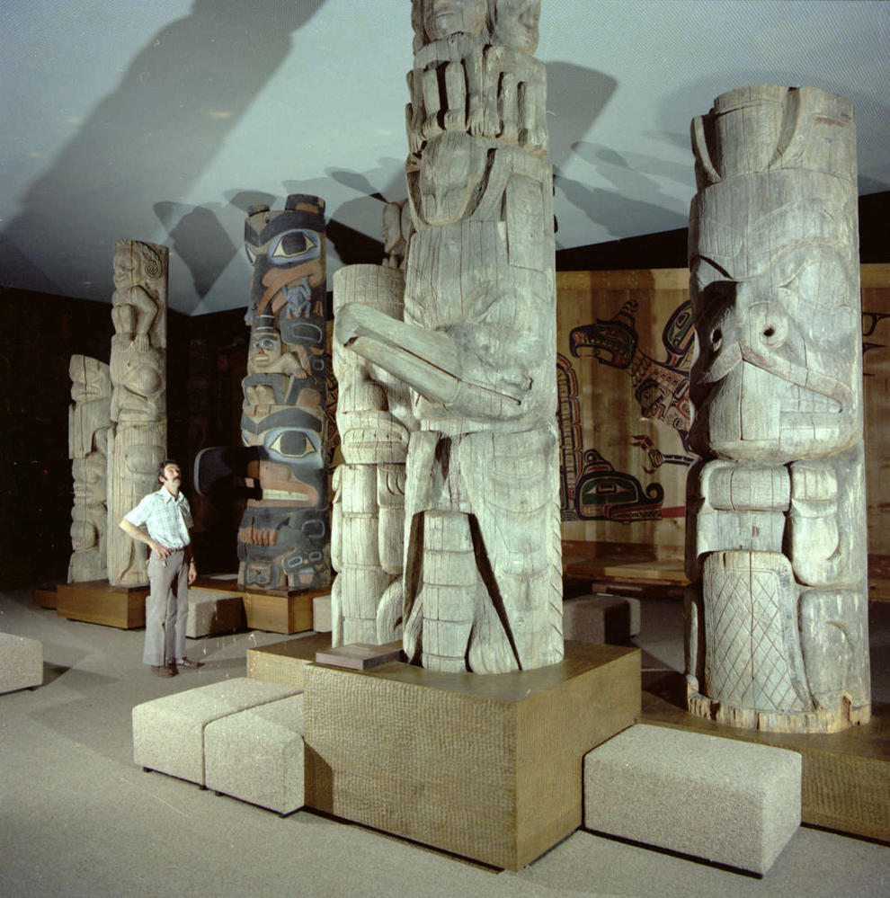 An early display of totem poles at the Royal BC Museum from 1977.