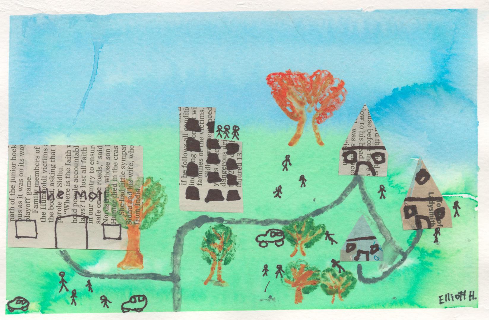 A child's drawing of a grassy field with trees and buildings.