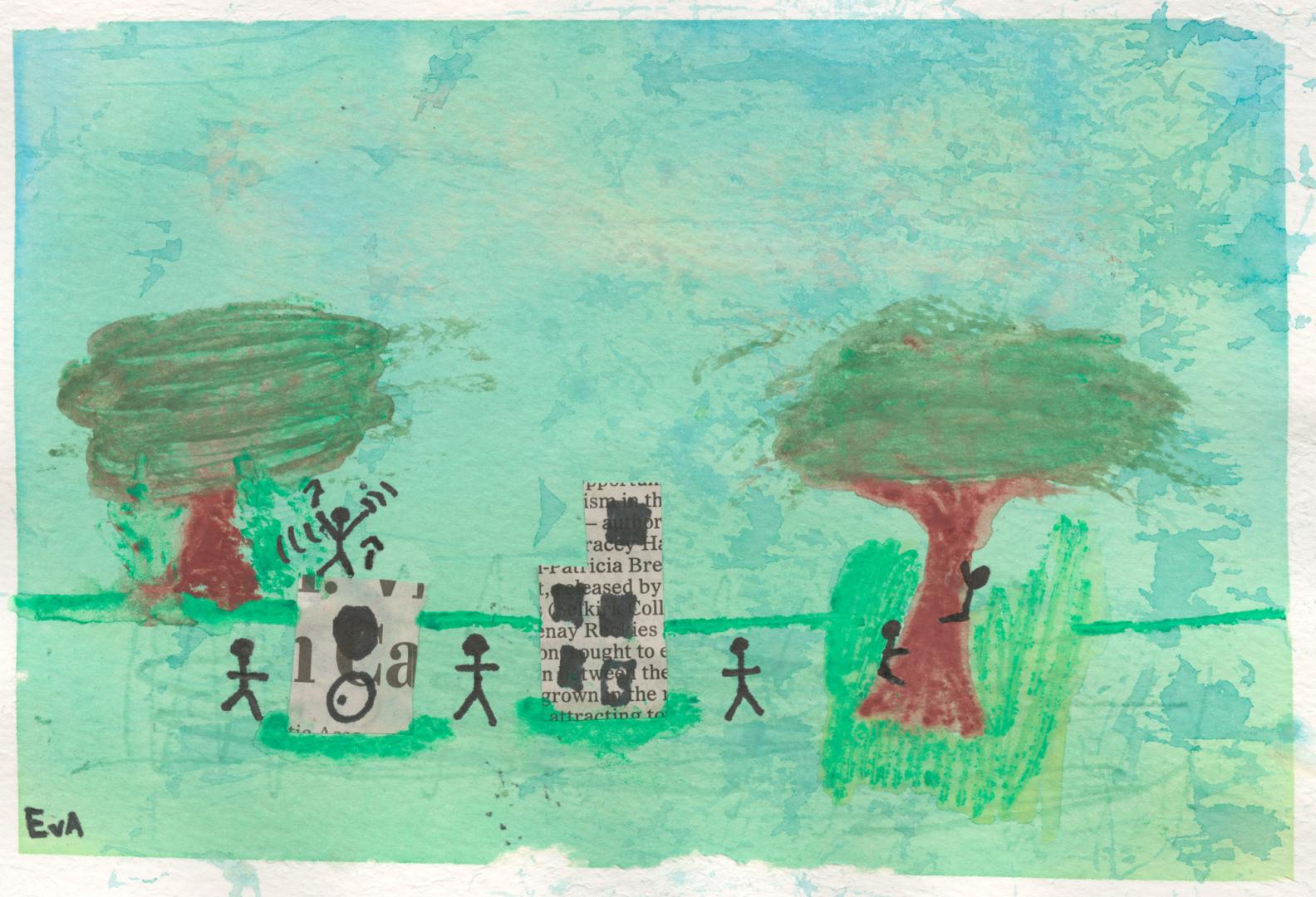 A child's drawing of a grassy field with trees, people and buildings.