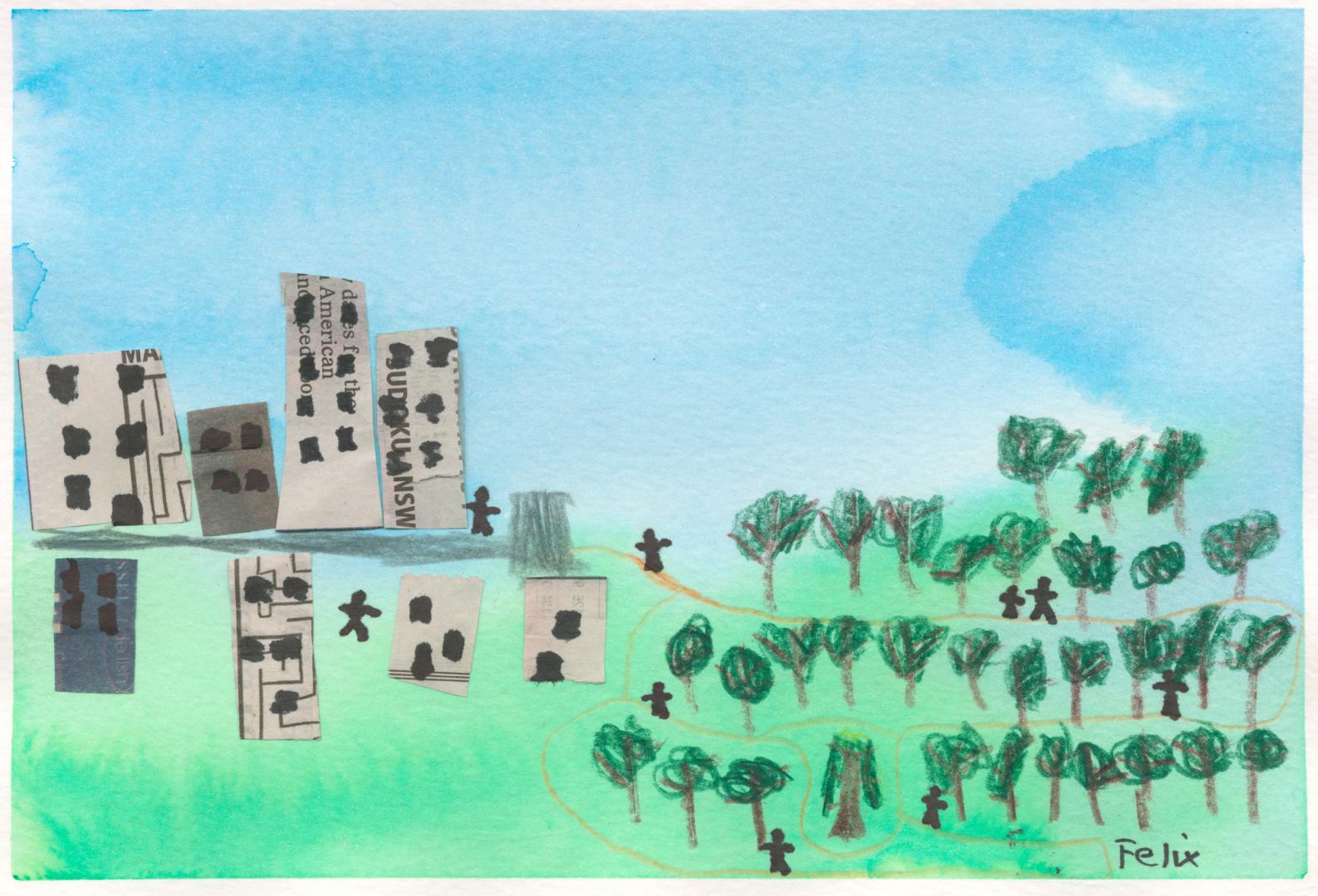 A child's drawing of a grassy field with trees and buildings.