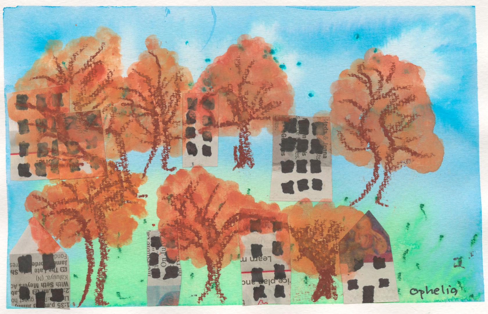 A child's drawing of a grassy field with trees and buildings.