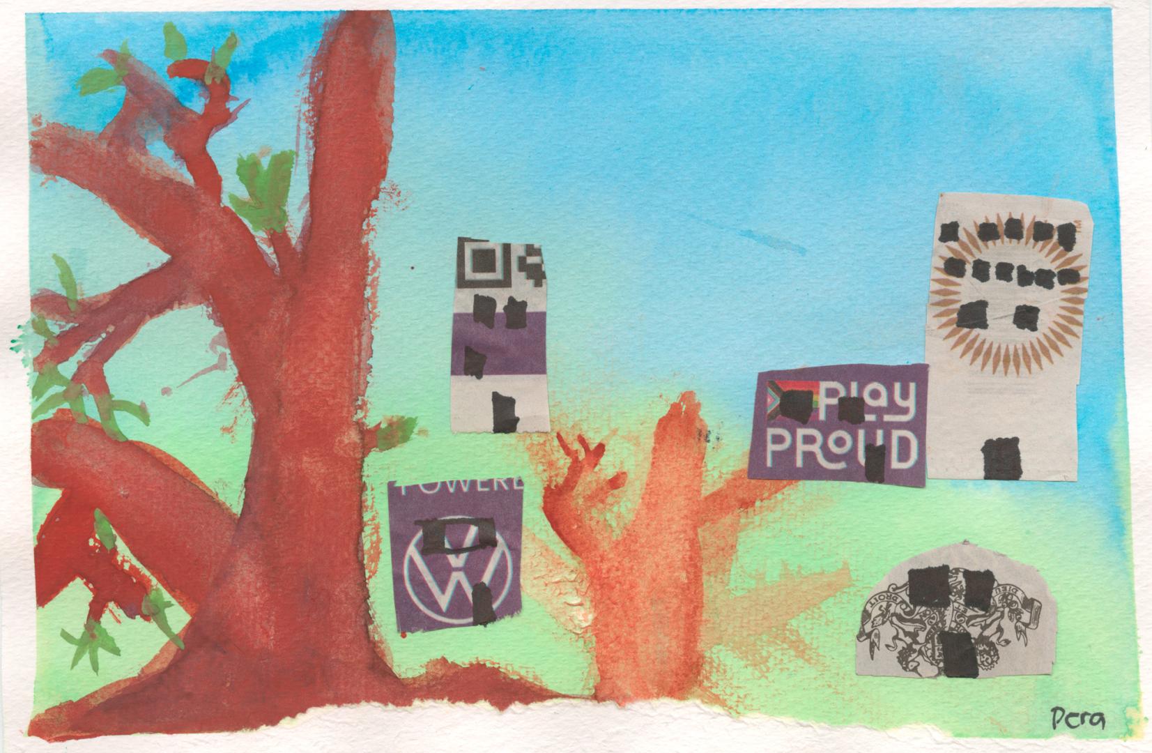 A child's drawing of a grassy field with trees and buildings.