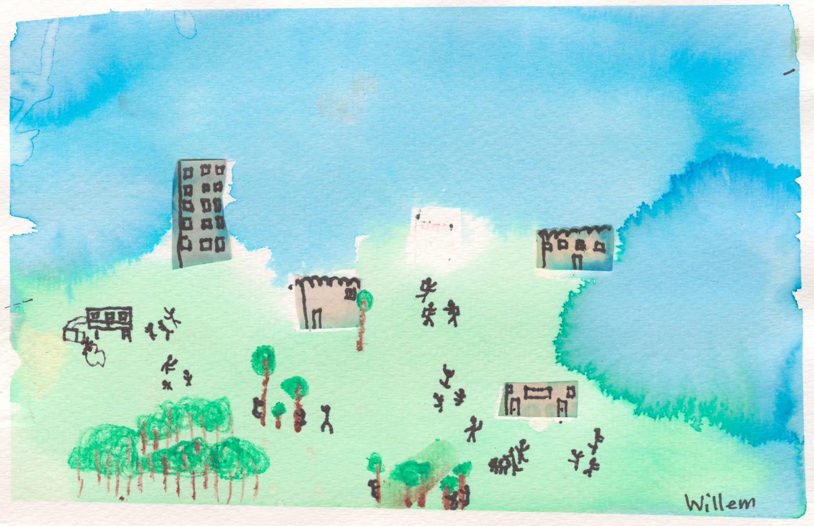 A child's drawing of a grassy field with trees, people and buildings.