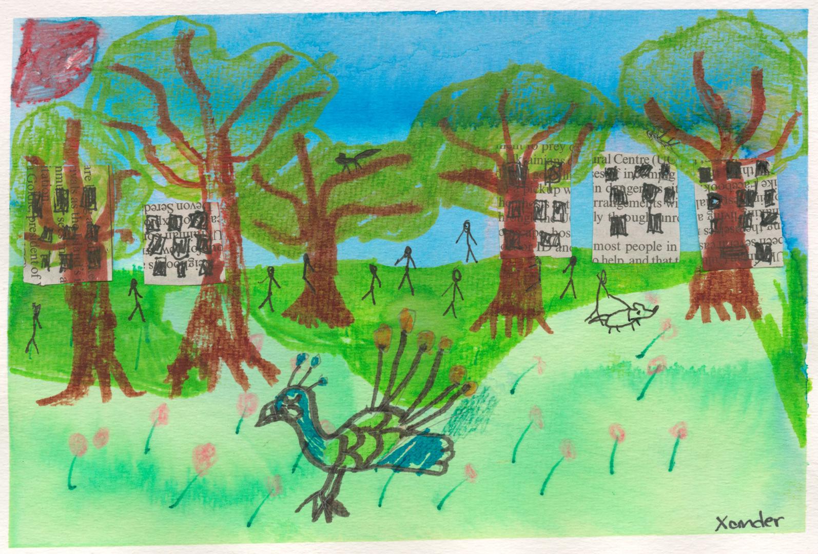 A child's drawing of a grassy field with trees, a peacock, people and buildings.