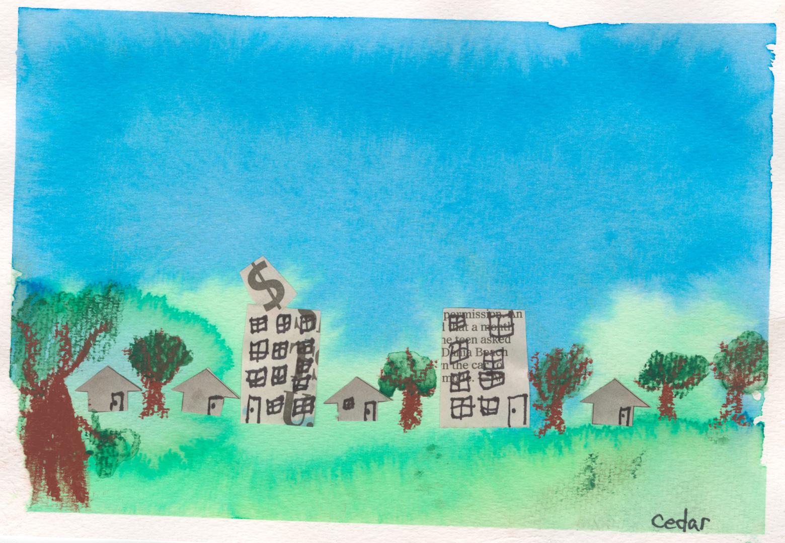 A child's drawing of a grassy field with trees and buildings.