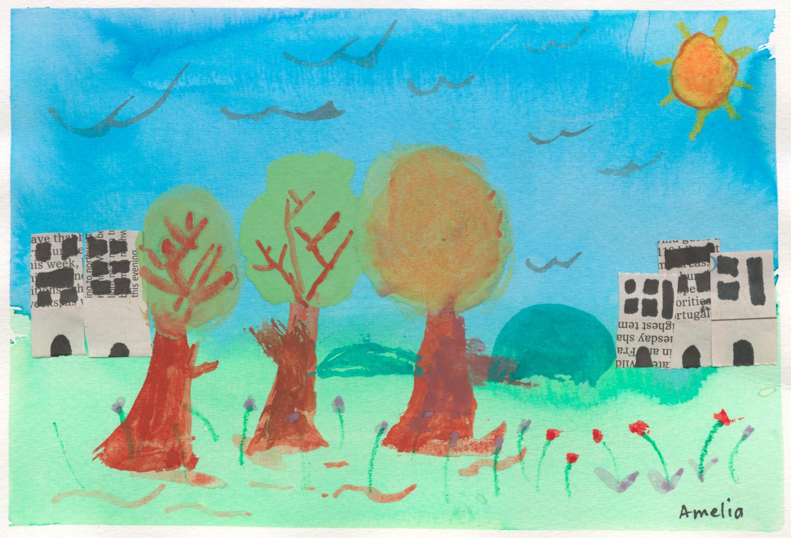 A child's drawing of trees in a green field.