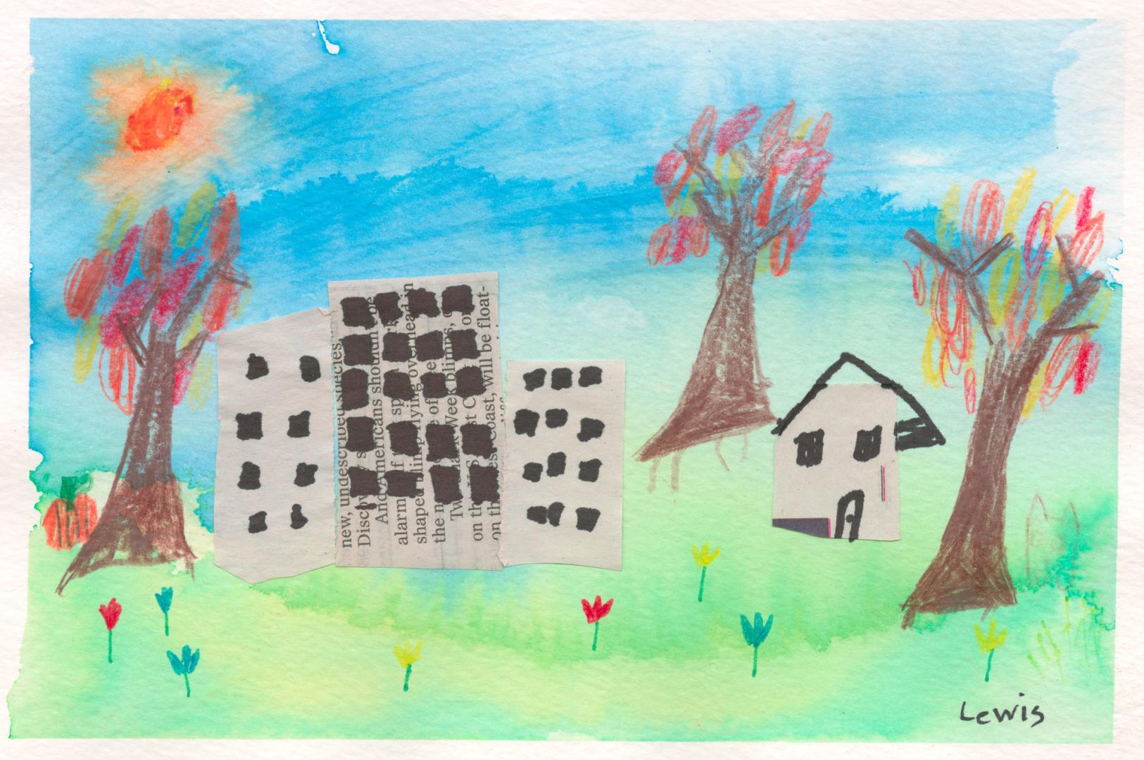 A child's drawing of a grassy field with trees and buildings.