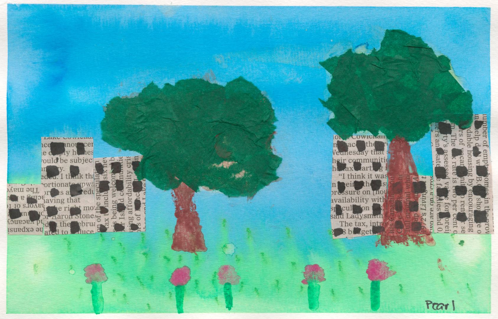 A child's drawing of a grassy field with trees and buildings.