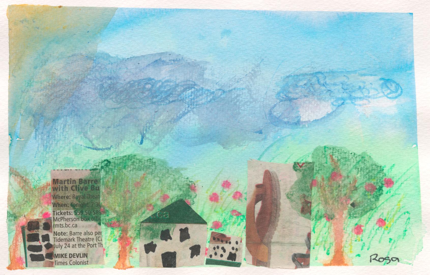 A child's drawing of trees in a green field.