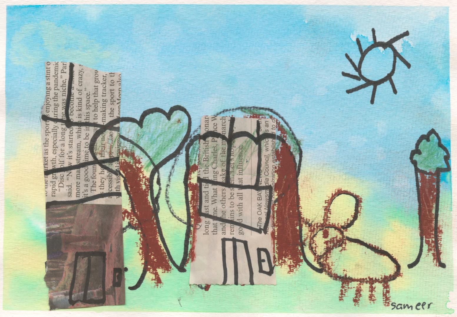 A child's mixed-medium drawing of a grassy field with trees and buildings.