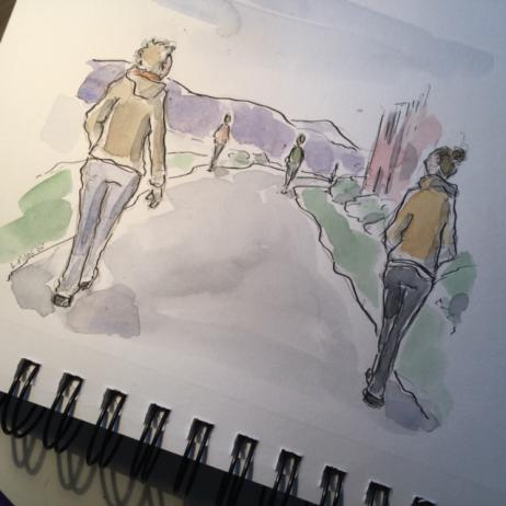 Watercolour painting of two people walking along a path while physically distancing.