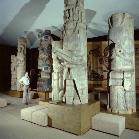 An early display of totem poles at the Royal BC Museum from 1977.