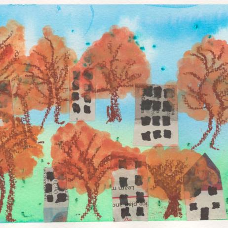 A child's drawing of a grassy field with trees and buildings.