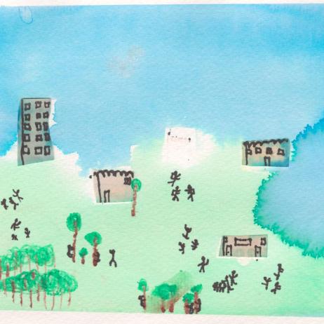 A child's drawing of a grassy field with trees, people and buildings.