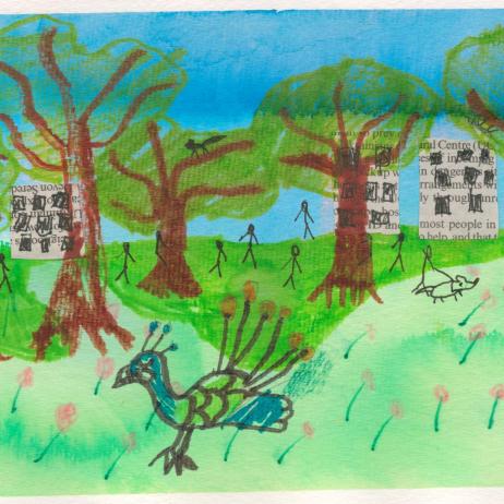 A child's drawing of a grassy field with trees, a peacock, people and buildings.