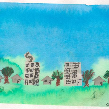 A child's drawing of a grassy field with trees and buildings.