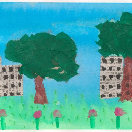 A child's drawing of a grassy field with trees and buildings.