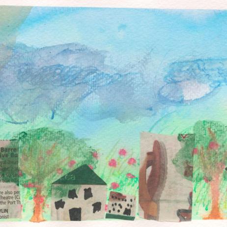 A child's drawing of trees in a green field.