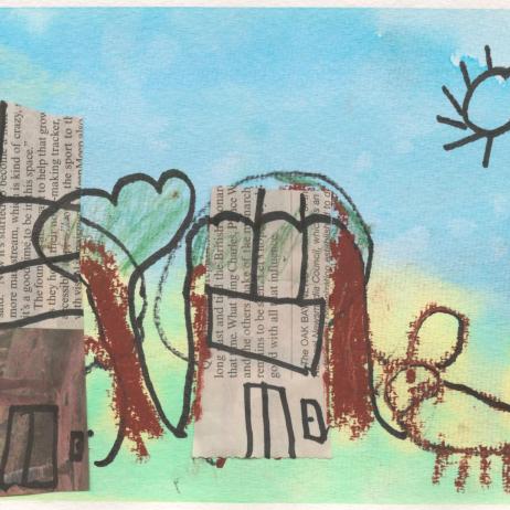 A child's mixed-medium drawing of a grassy field with trees and buildings.